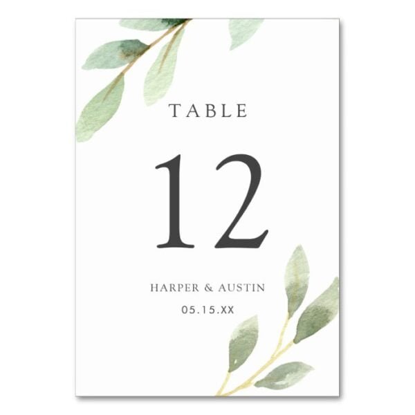 Green Foliage Botanical Wedding Table Number