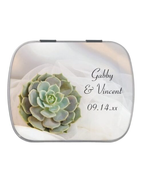 Green Succulent on White Wedding Favor Jelly Belly Candy Tin