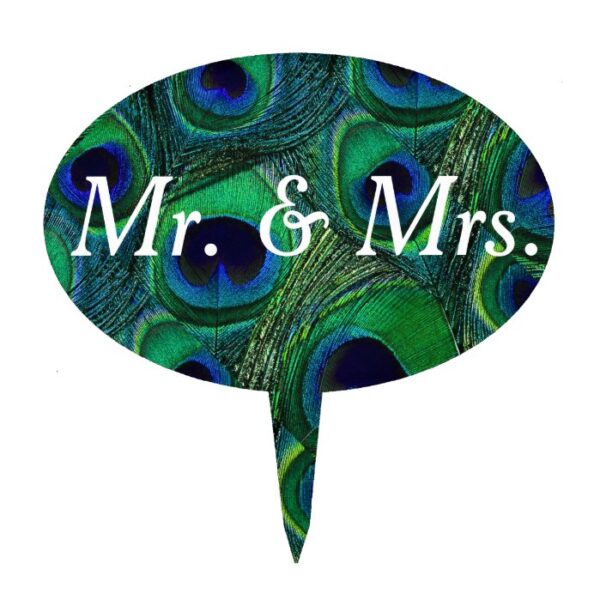 Green Teal Blue Peacock Feather Print Cake Topper