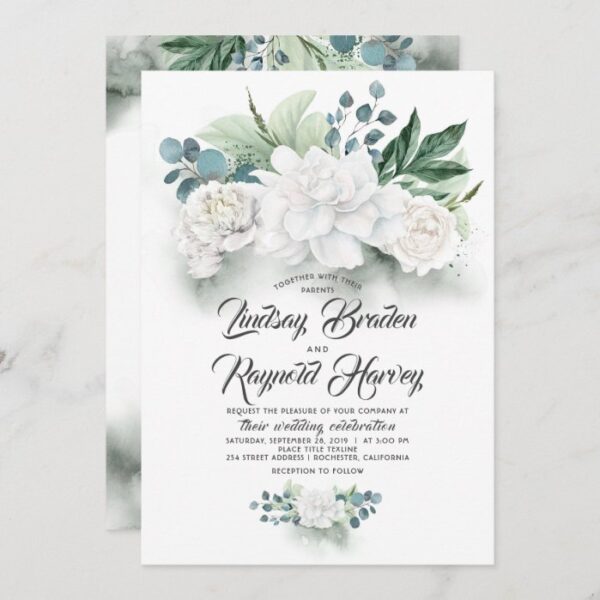 Greenery and White Flowers Elegant Peony Wedding Invitation