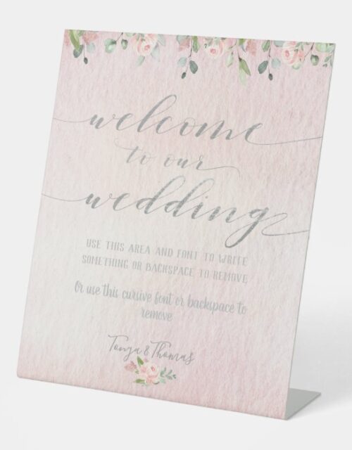 Greenery Blush & Silver Fancy Calligraphy Welcome Pedestal Sign