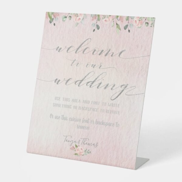 Greenery Blush & Silver Fancy Calligraphy Welcome Pedestal Sign