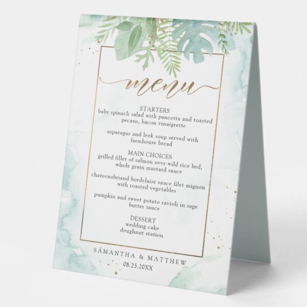 Greenery Dusty Blue and Green Watercolor Menu Table Tent Sign
