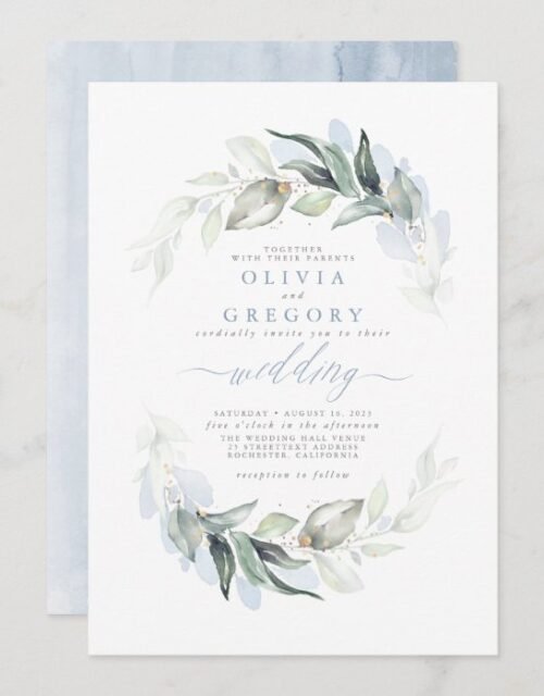 Greenery Dusty Blue Modern Elegant Wedding Invitation