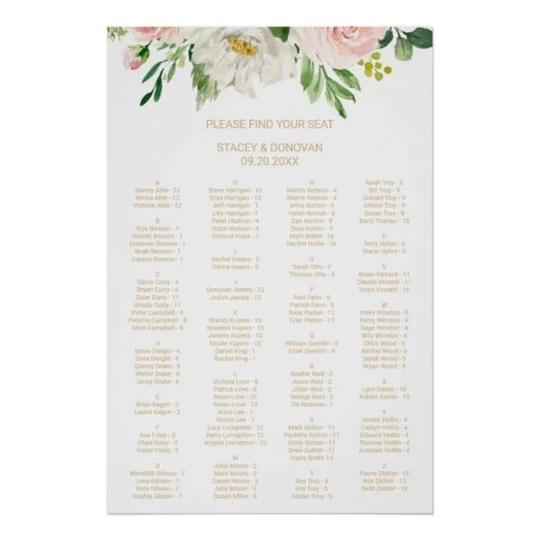 Greenery Elegant Floral Alphabetical Seating Chart