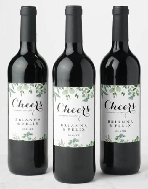 Greenery Eucalyptus Botanical Cheers Wedding Wine Label