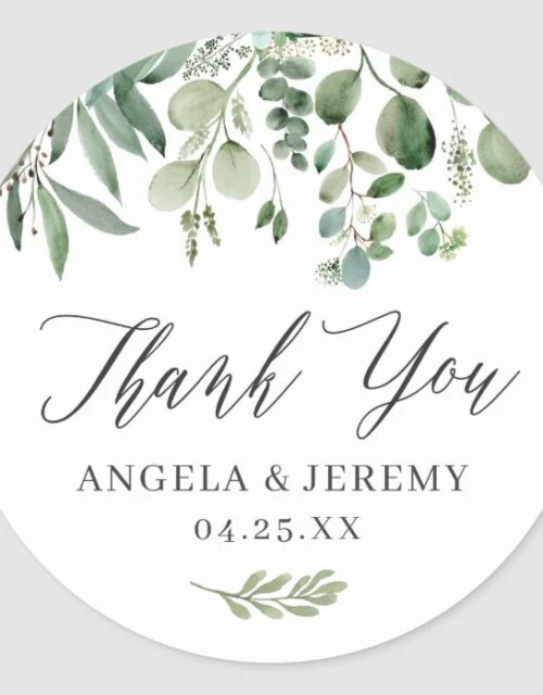 Greenery Eucalyptus Leaves Wedding Thank You Classic Round Sticker