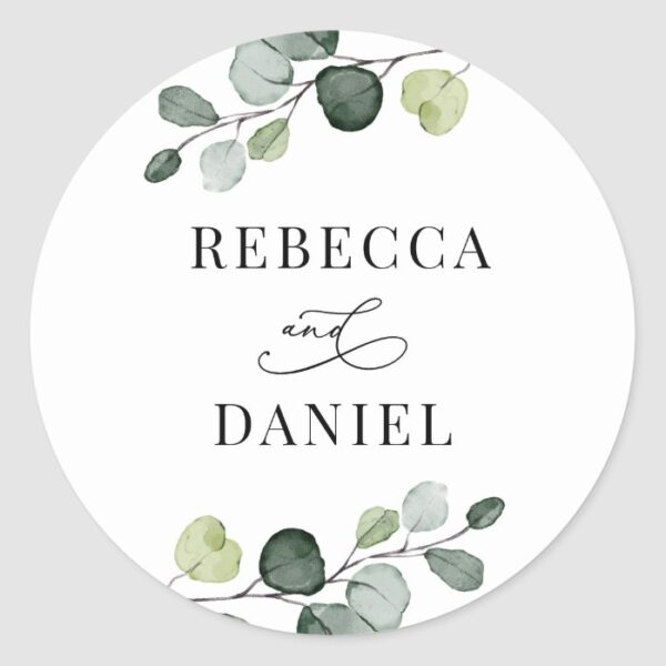 Greenery Eucalyptus Personalized Wedding Classic Round Sticker