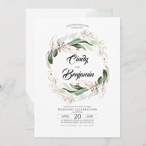 Greenery Foliage and Copper Leaves Elegant Wedding Invitation