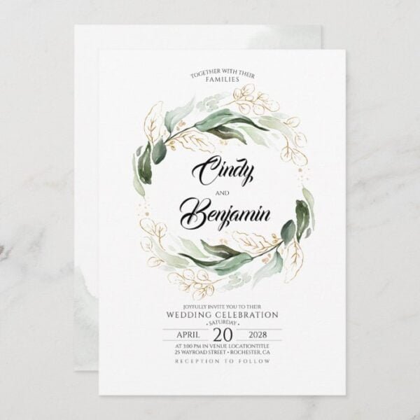 Greenery Foliage and Gold Leaves Elegant Wedding Invitation