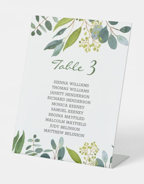 Greenery foliage wedding seating card pedestal sign