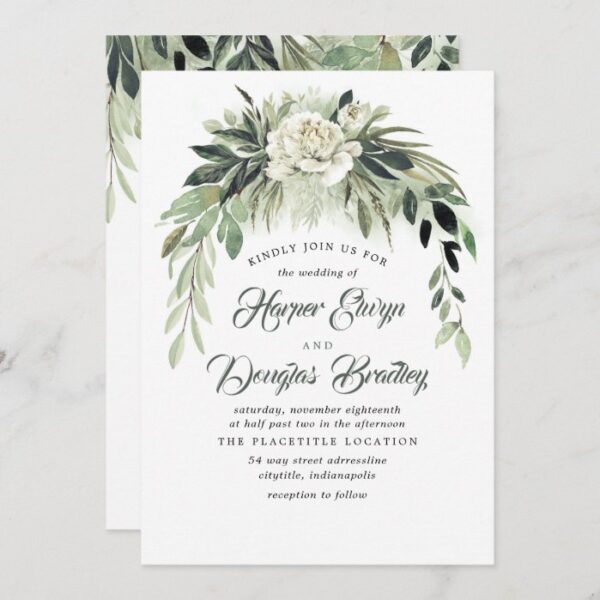 Greenery Garland and White Peony Vintage Wedding Invitation