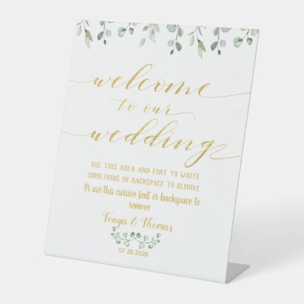 Greenery & Gold Fancy Calligraphy Wedding Welcome Pedestal Sign