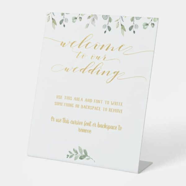 Greenery & Gold Fancy Font Calligraphy Welcome Pedestal Sign
