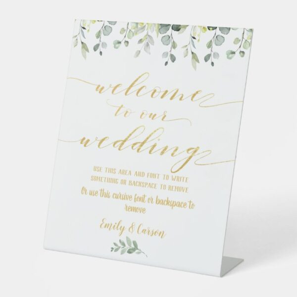 Greenery & Gold Fancy Font Calligraphy Welcome Pedestal Sign