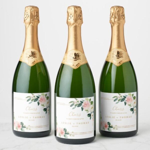 Greenery & Gold Geometric Wedding Champagne Labels