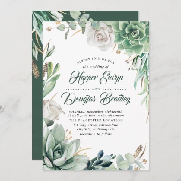 Greenery | Green & Gold | Succulent Floral Wedding Invitation