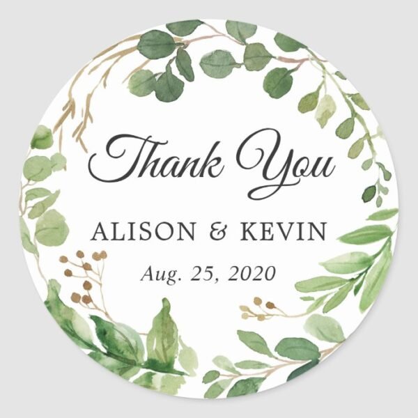 Greenery Leaves Wreath Wedding Favor Thank You Classic Round Sticker
