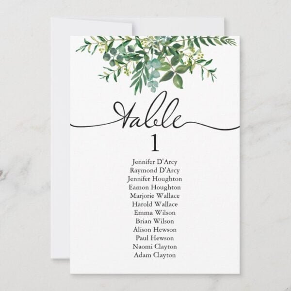 Greenery wedding table plan with modern font invitation