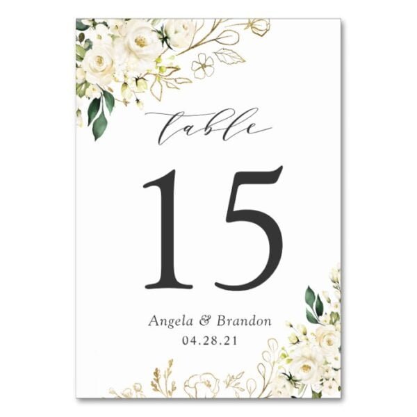 Greenery White Roses Floral Wedding Table Number