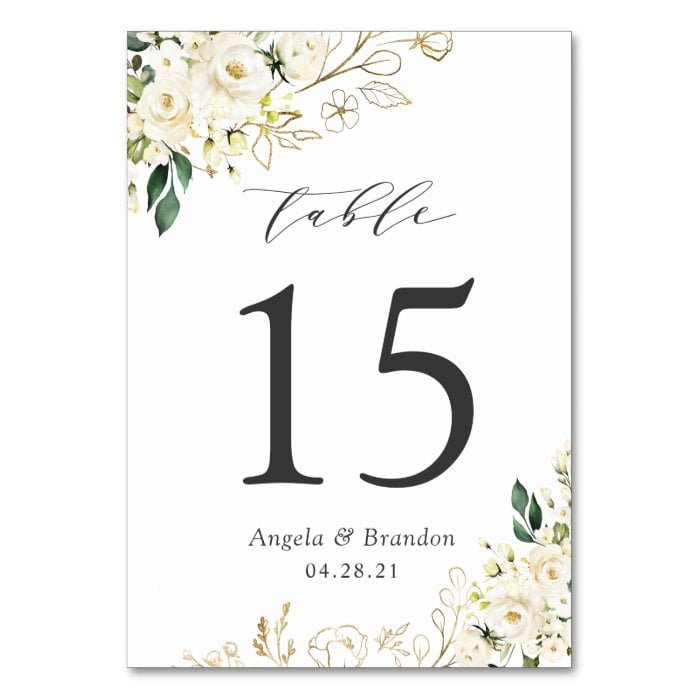 Greenery White Roses Floral Wedding Table Number