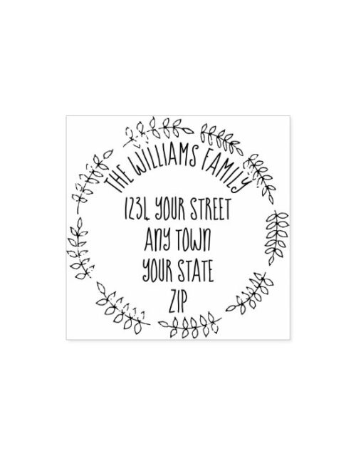 Hand drawn wreath with family name  return address rubber stamp