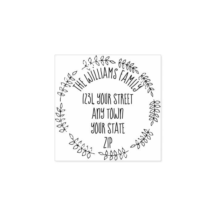 Hand drawn wreath with family name  return address rubber stamp