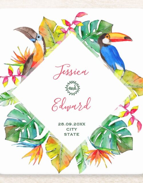 Hawaiian Tropical Paradise Exotic Birds Wedding Square Paper Coaster