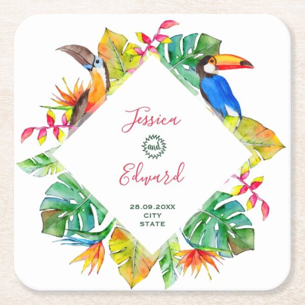 Hawaiian Tropical Paradise Exotic Birds Wedding Square Paper Coaster