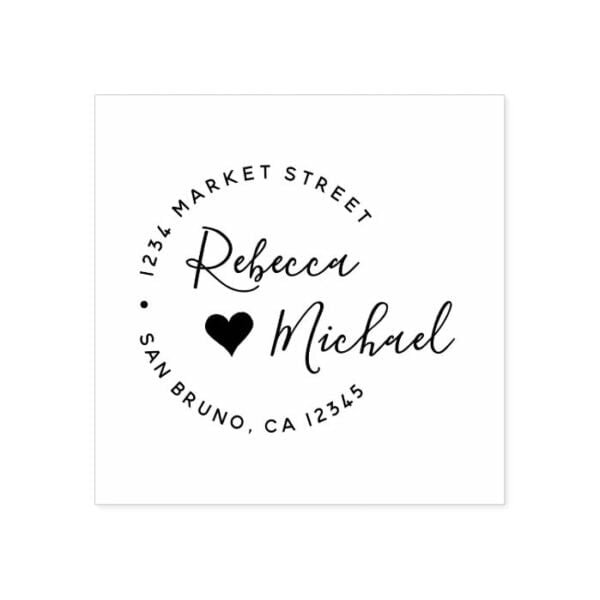 Heart & Elegant Round Text Wedding Return Address Rubber Stamp