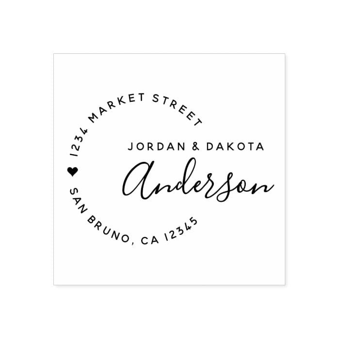 Heart & Elegant Script Newly Weds Return Address Rubber Stamp