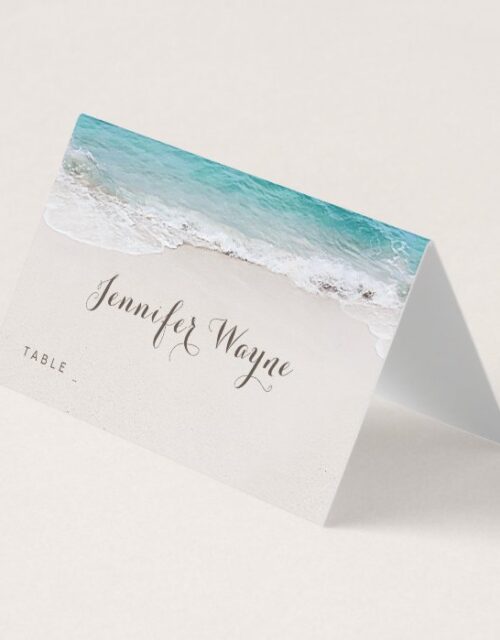 Hearts in the sand destination beach wedding place card