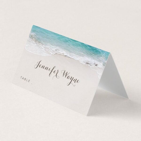 Hearts in the sand destination beach wedding place card