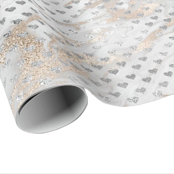 Hearts Silver Glam Pearly Ivory White Marble Glam Wrapping Paper