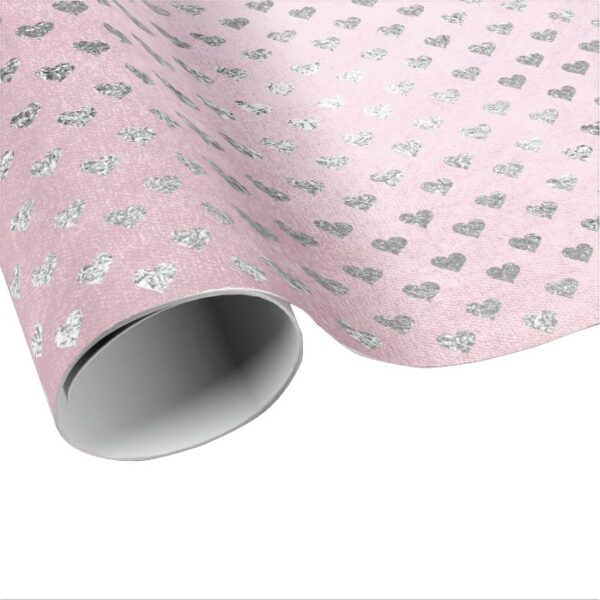 Hearts Silver Glam Pink Rose Pastel Shiny Wrapping Paper