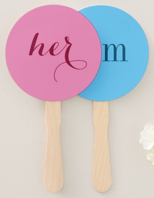 Him or Her? Bride Groom shower game paddles Hand Fan