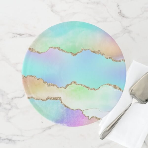 Holographic Agate | Iridescent Pastel Ombre Marble Cake Stand