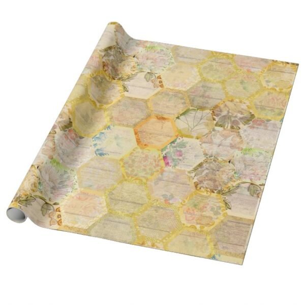 Honey Bee Floral Honeycomb Beehive Wrapping Paper