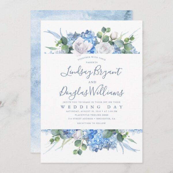 Hydrangea and Greenery Dusty Blue Floral Wedding Invitation