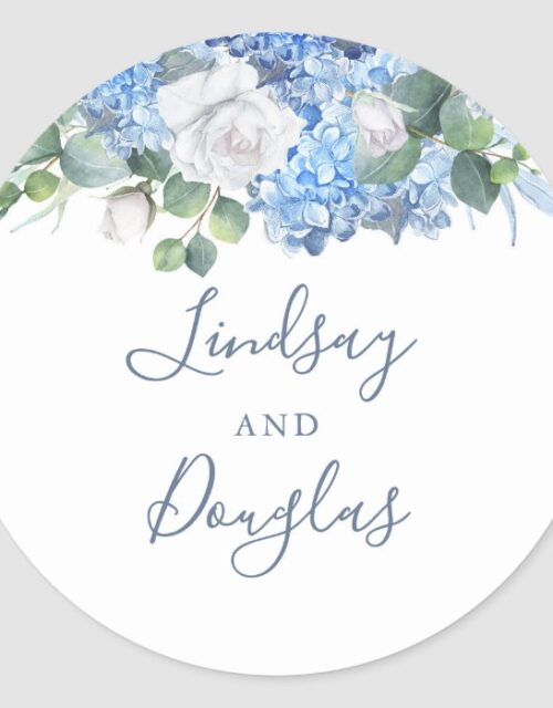 Hydrangea and White Flowers Dusty Blue Watercolor Classic Round Sticker