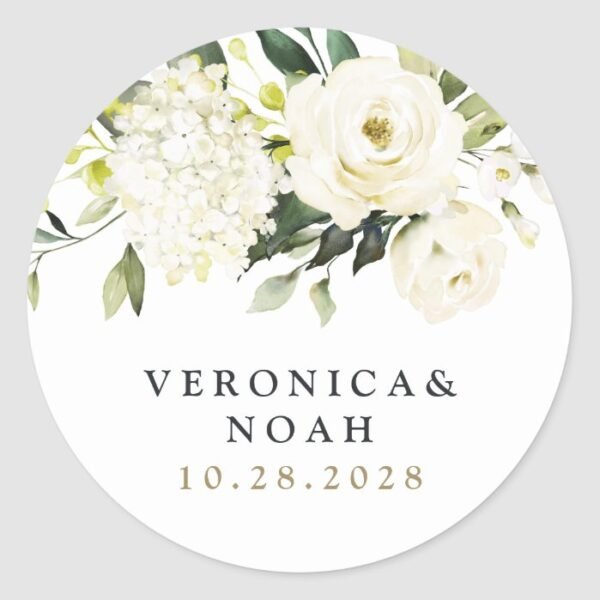 Hydrangea Elegant White Gold Rose Floral Wedding Classic Round Sticker