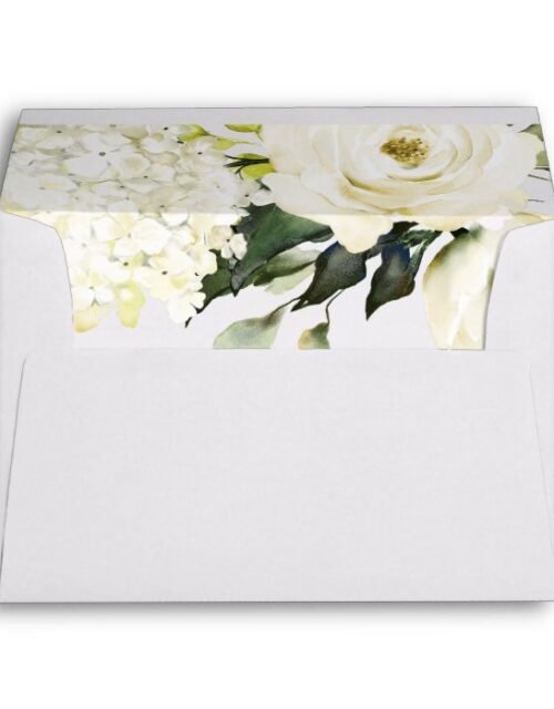 Hydrangea Elegant White Gold Rose Floral Wedding Envelope