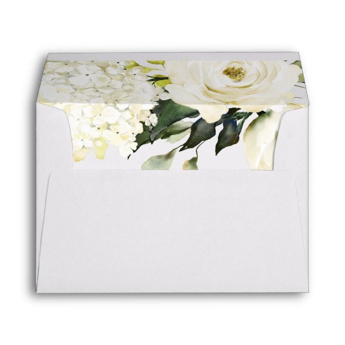 Hydrangea Elegant White Gold Rose Floral Wedding Envelope