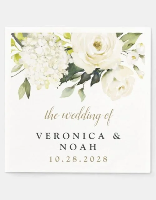 Hydrangea Elegant White Gold Rose Floral Wedding Napkins