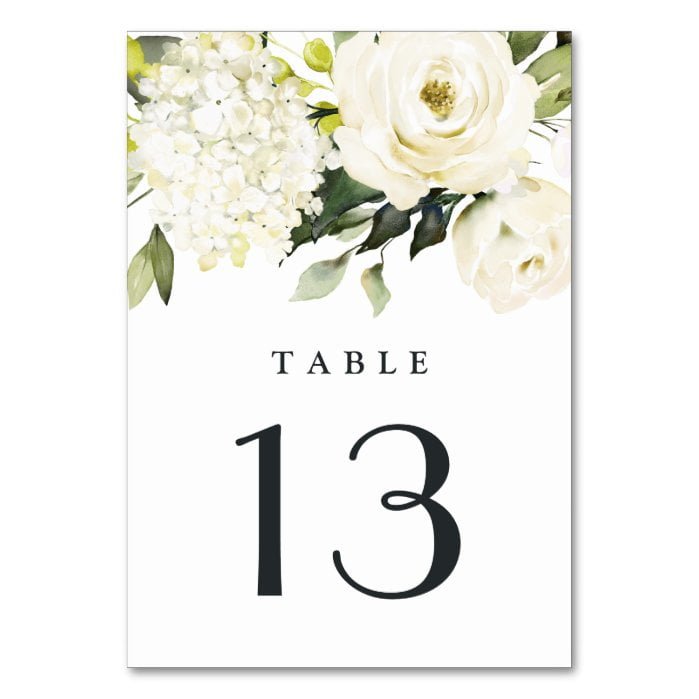 Hydrangea Elegant White Gold Rose Floral Wedding Table Number