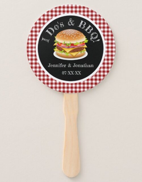 I Do and BBQ Red Gingham Hamburger Casual Wedding Hand Fan