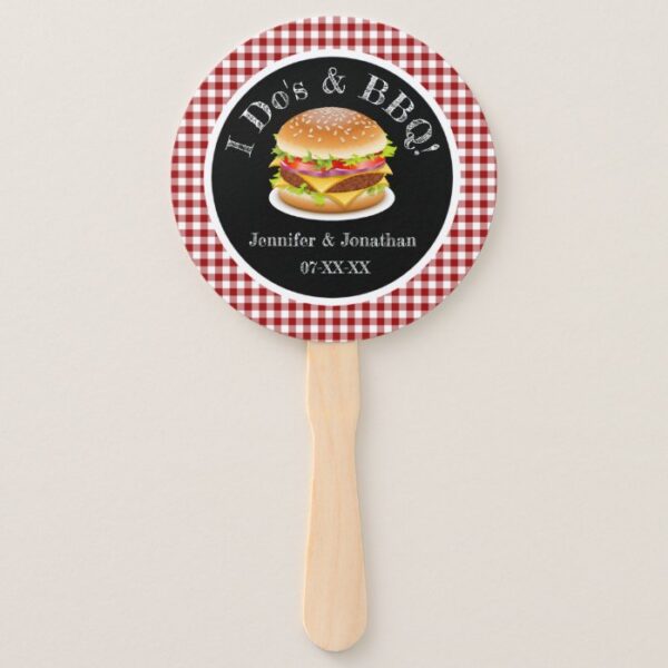 I Do and BBQ Red Gingham Hamburger Casual Wedding Hand Fan