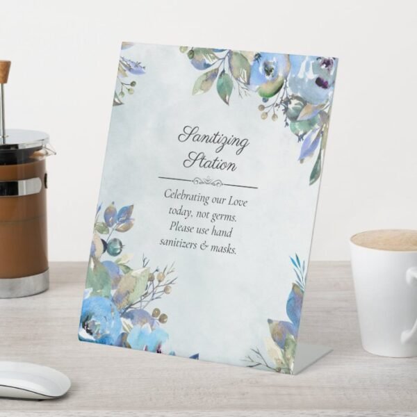 In Love Sanitizing Station Blue Watercolor Floral Pedestal Sign