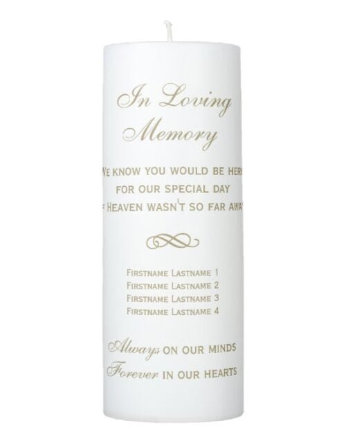 In Loving Memory Gold Script Wedding Memorial Pillar Candle