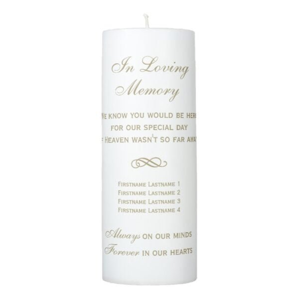 In Loving Memory Gold Script Wedding Memorial Pillar Candle